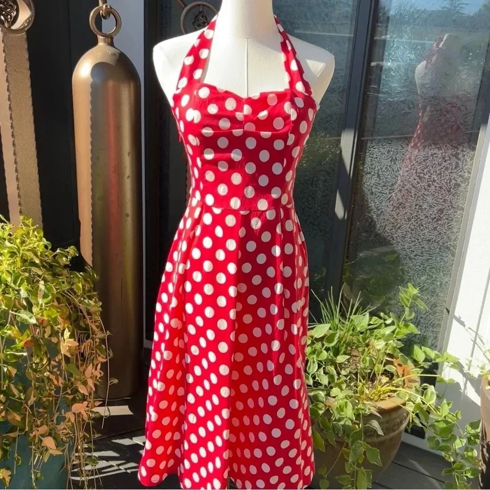 NWT Louise NY Pin-Up Rockabilly Style Cherry Red Polka Dot Halter Midi Dress | M